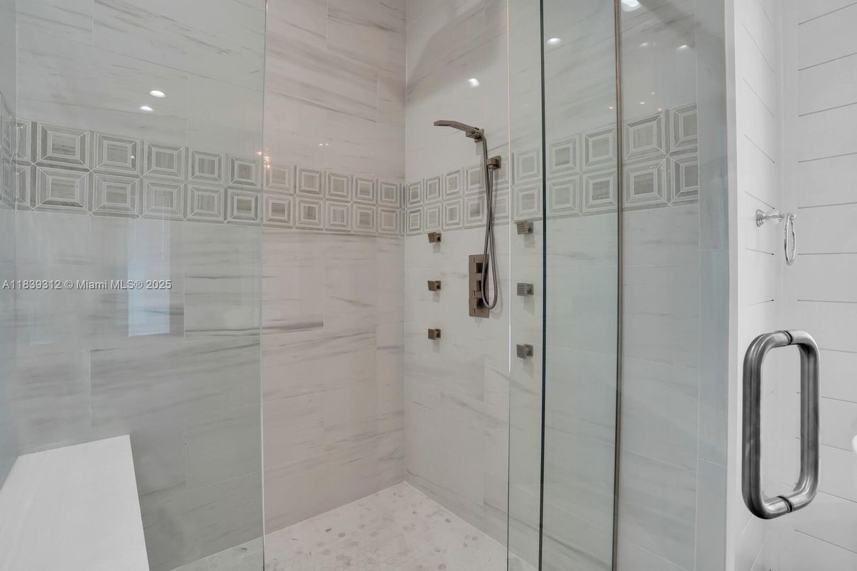 Bathroom, Glass Shower, Interior, Marble Walls, Recessed Lighting