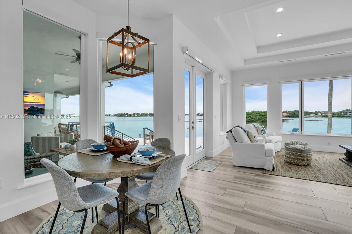 Dining room, Interior, Living room, Pendant Lights, Recessed Lighting, Water, Wood Texture Flooring