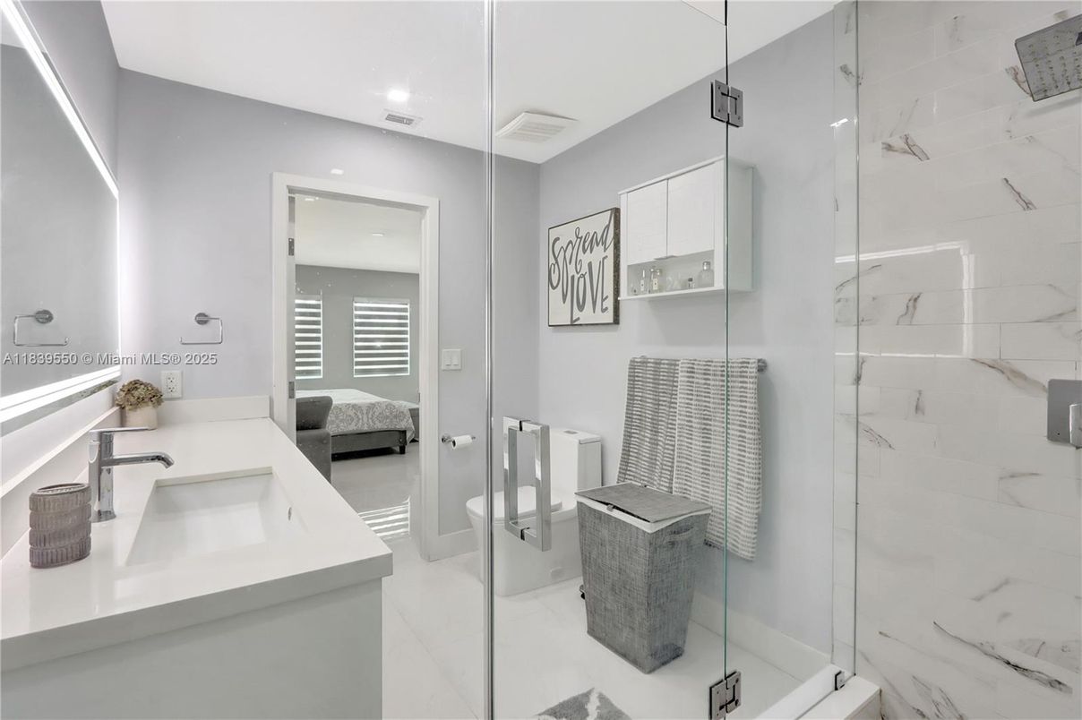 Bathroom, Glass Shower, Interior, Marble Walls, Recessed Lighting