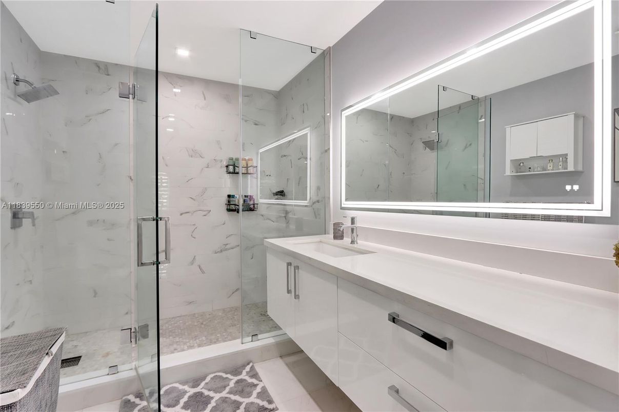 Bathroom, Glass Shower, Interior, Marble Walls, Recessed Lighting