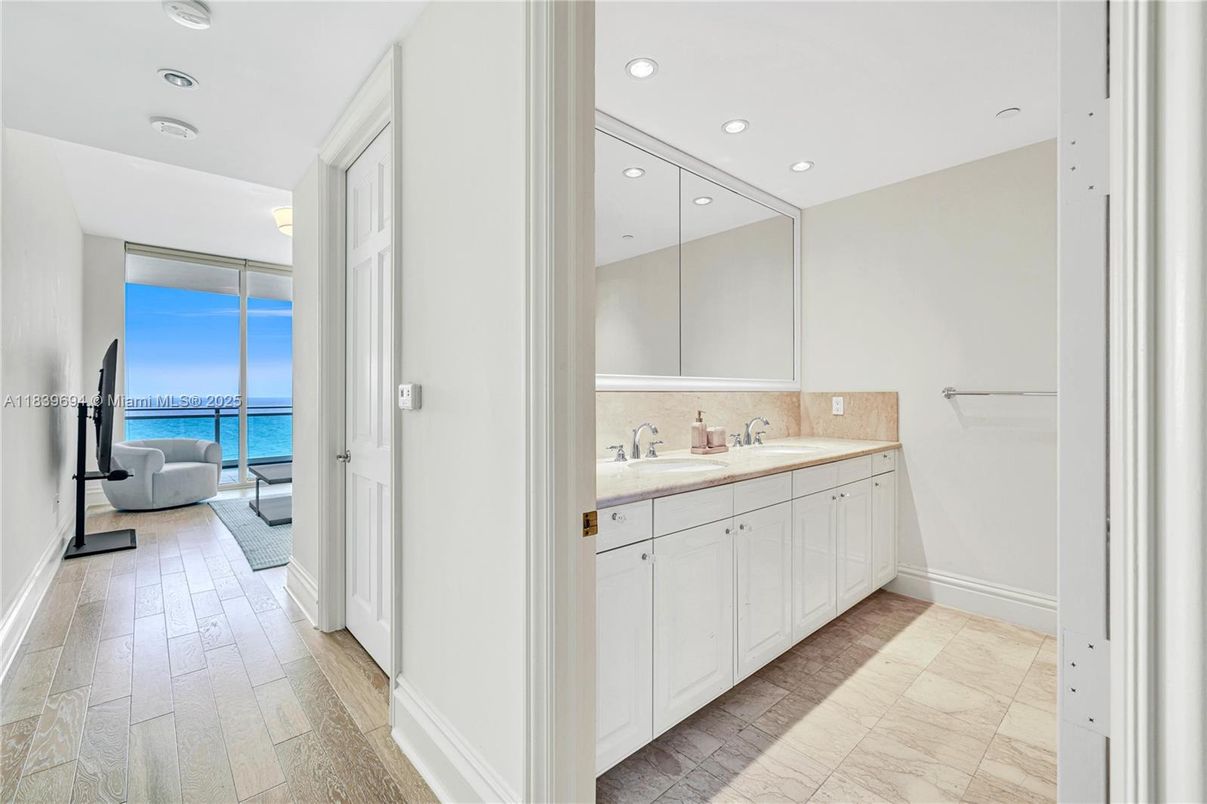 Bathroom, Dual Sink Vanities, Interior, Recessed Lighting, Water, Wood Texture Flooring