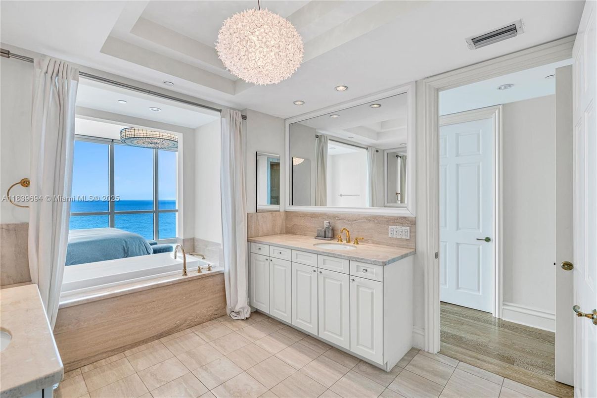 Bathroom, Chandelier, Interior, Recessed Lighting, Water, Wood Texture Flooring