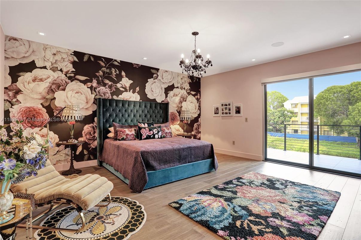 Bedroom, Chandelier, Interior, Recessed Lighting, Wood Texture Flooring