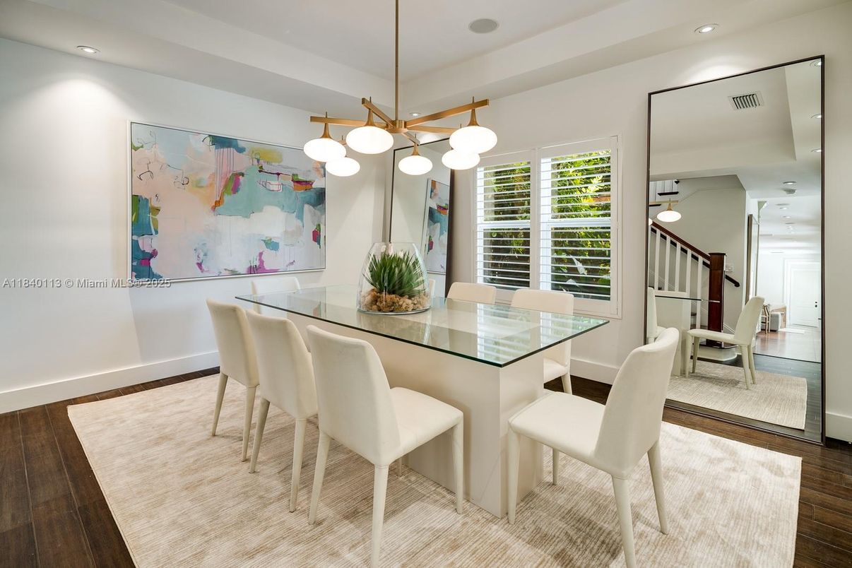 Dining room, Interior, Pendant Lights, Recessed Lighting, Wood Texture Flooring