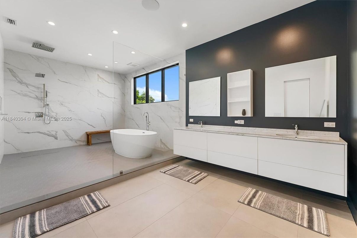 Bathroom, Dual Sink Vanities, Free Standing Baths, Interior, Marble Walls, Recessed Lighting
