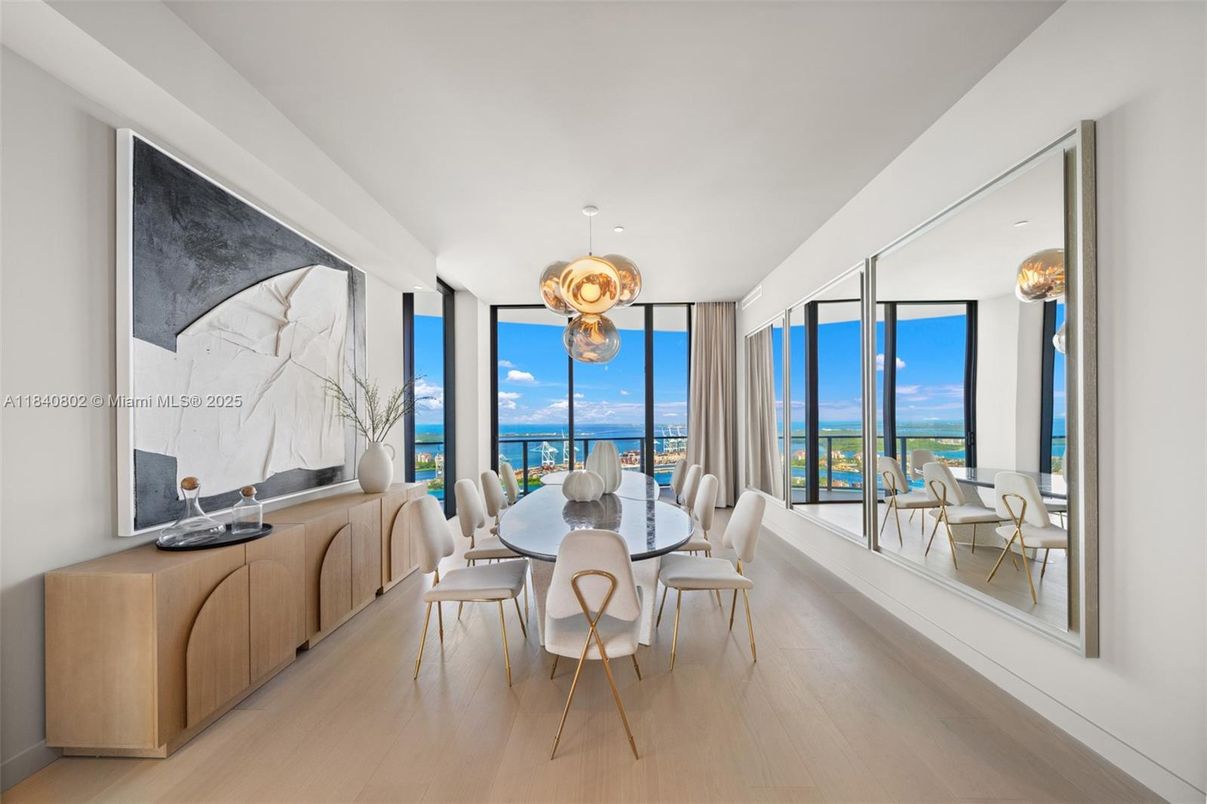 Dining room, Interior, Pendant Lights, Water, Wood Texture Flooring