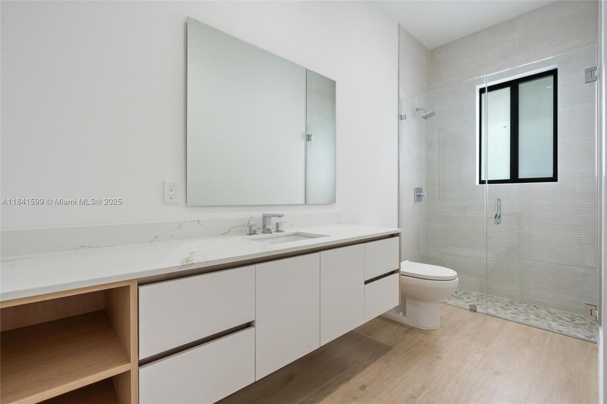 Bathroom, Glass Shower, Interior, Wood Texture Flooring
