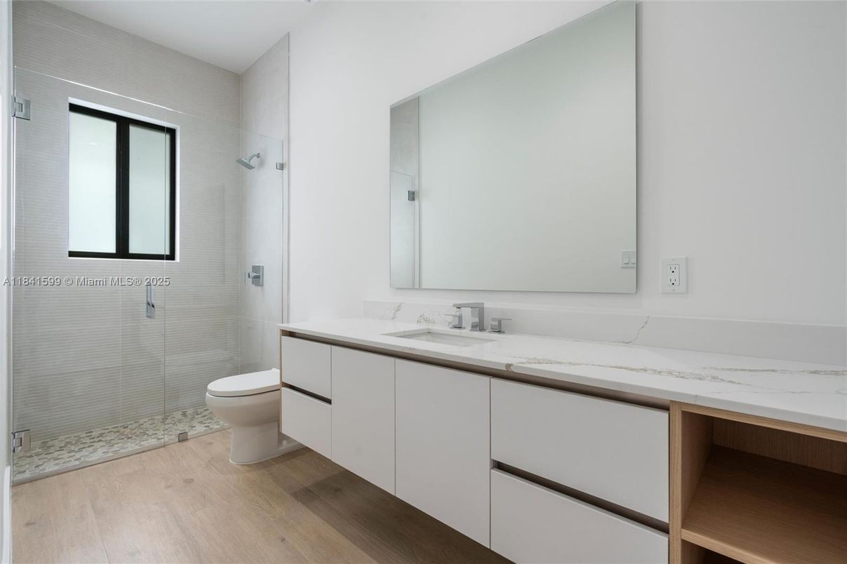 Bathroom, Glass Shower, Interior, Wood Texture Flooring