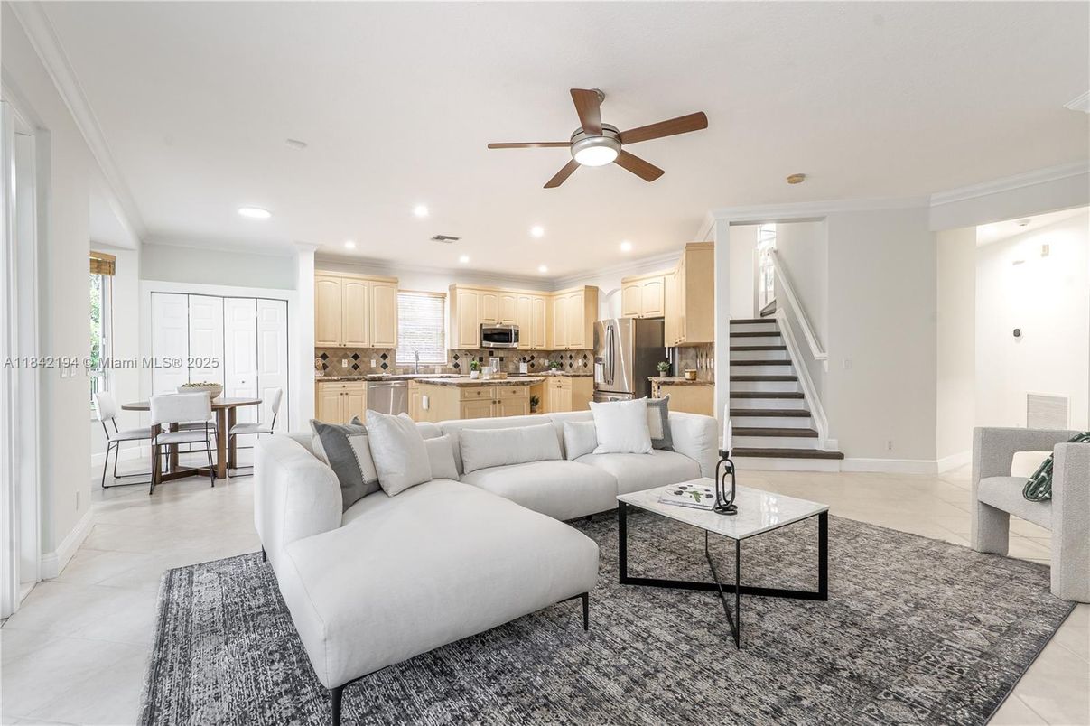 Dining room, Interior, Kitchen, Living room, Recessed Lighting, Stainless Steel Appliances