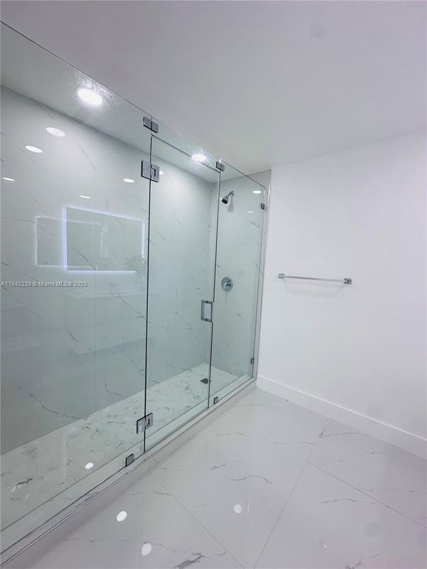 Bathroom, Glass Shower, Interior, Marble, Marble Walls, Recessed Lighting