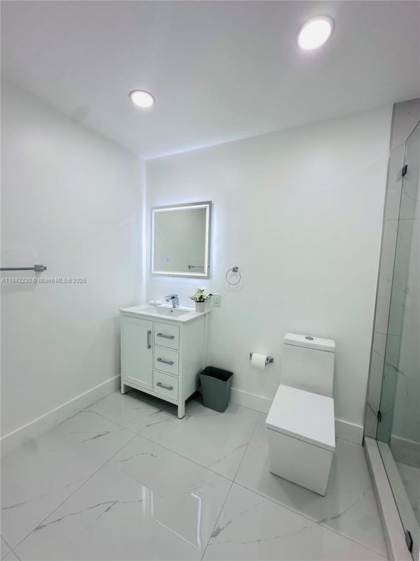 Bathroom, Glass Shower, Interior, Marble, Recessed Lighting