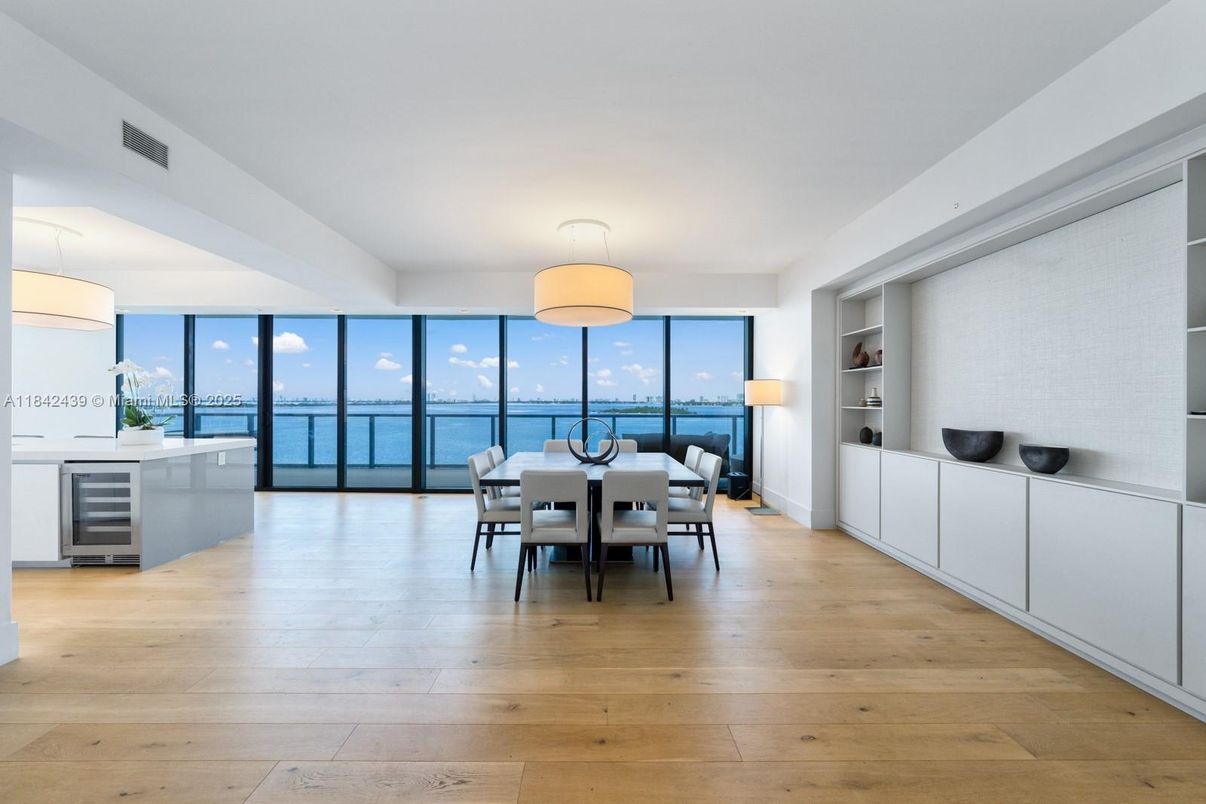 Dining room, Interior, Pendant Lights, Water, Wood Texture Flooring