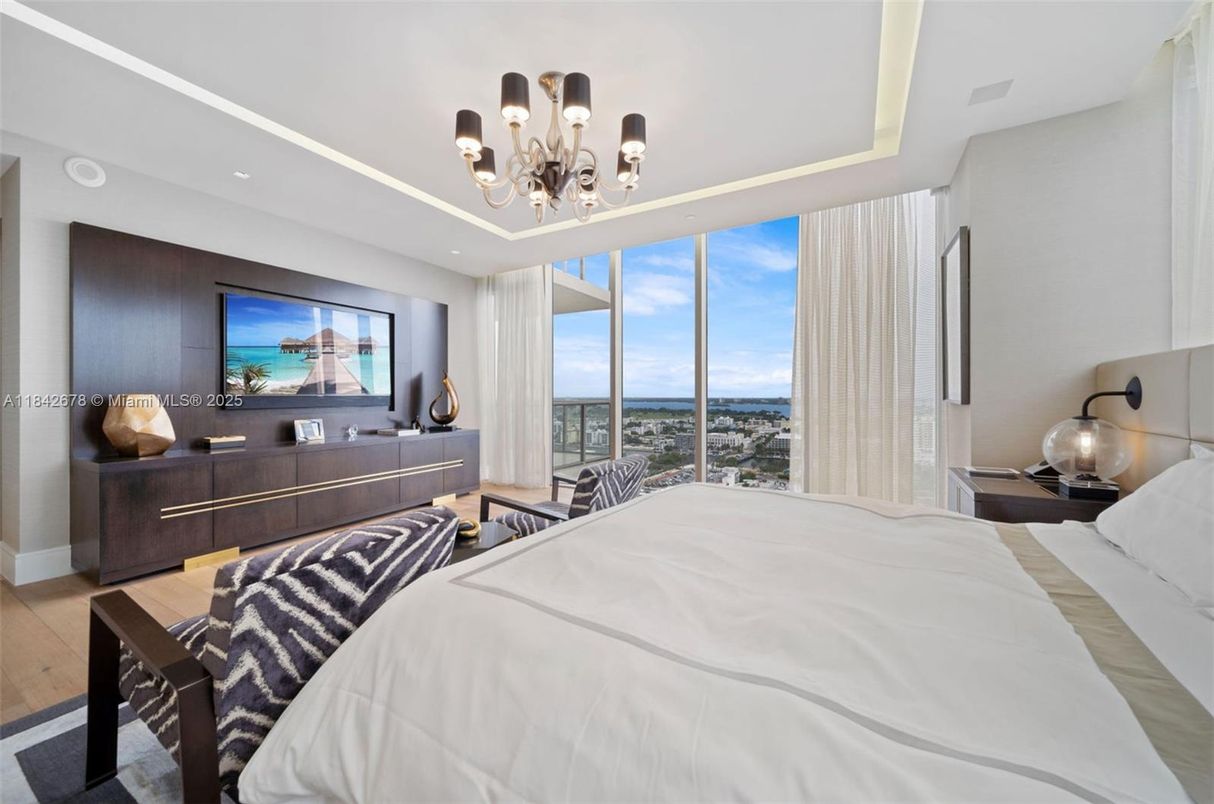 Bedroom, Chandelier, Interior, Recessed Lighting, Water, Wood Texture Flooring