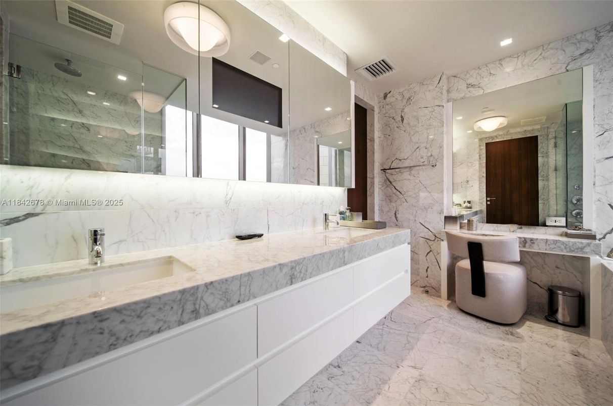 Bathroom, Dual Sink Vanities, Glass Shower, Interior, Marble, Marble Walls, Recessed Lighting