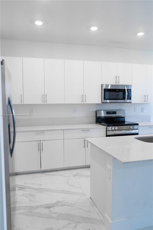 Interior, Kitchen, Marble, Recessed Lighting, Stainless Steel Appliances