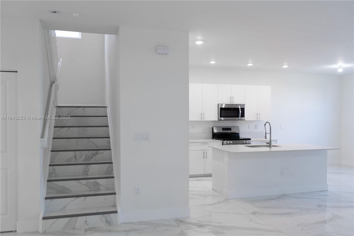 Interior, Kitchen, Marble, Recessed Lighting, Stainless Steel Appliances