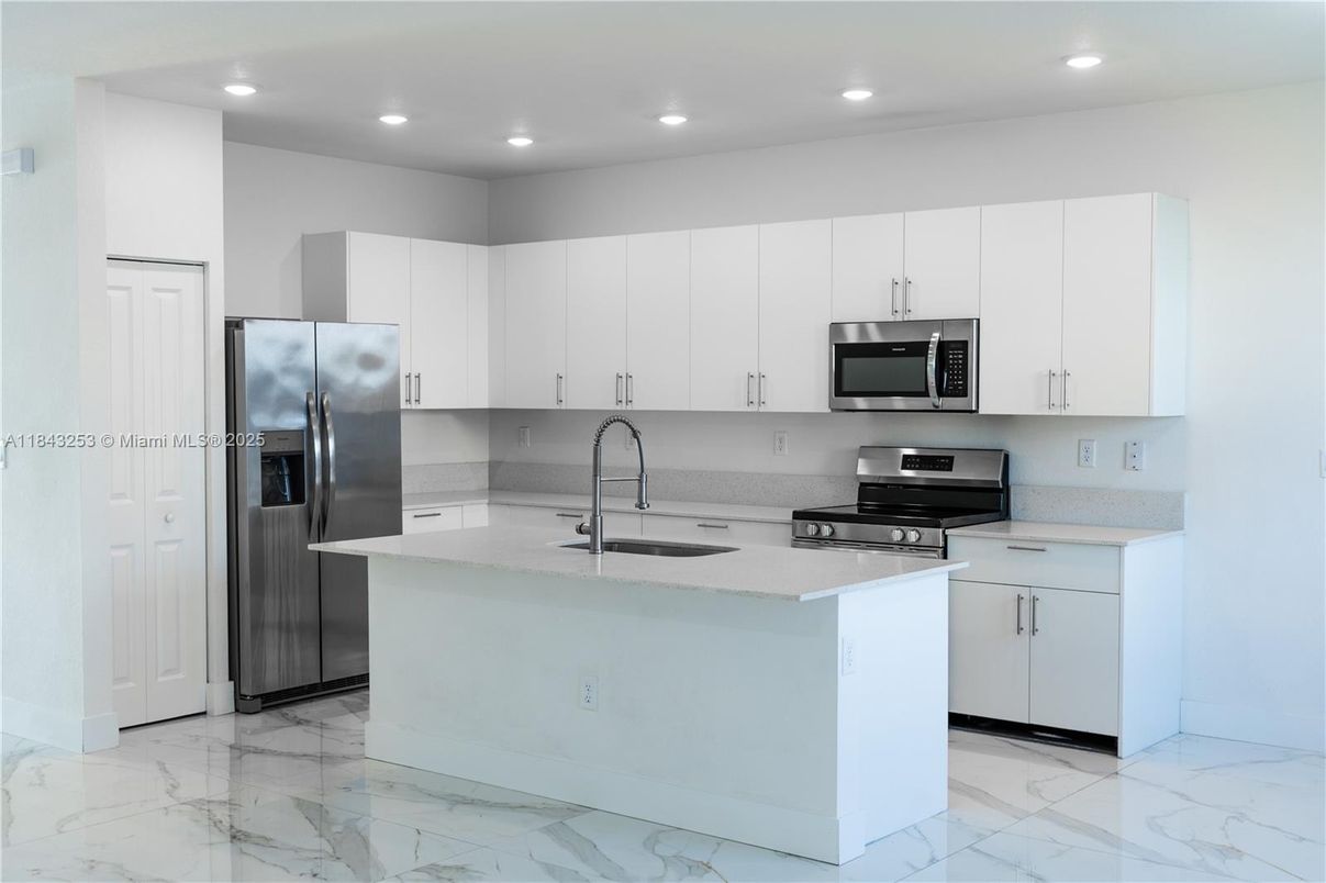 Interior, Kitchen, Marble, Recessed Lighting, Stainless Steel Appliances