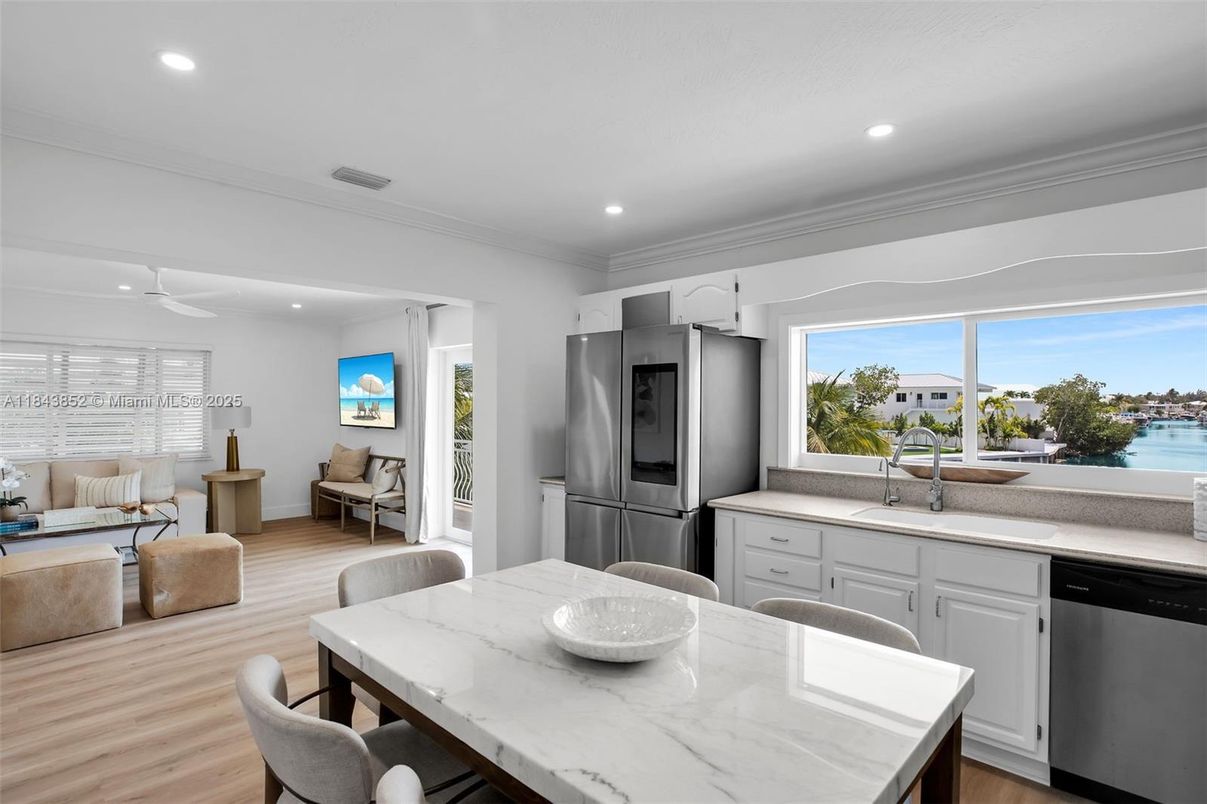 Interior, Kitchen, Living room, Recessed Lighting, Stainless Steel Appliances, Water, Wood Texture Flooring