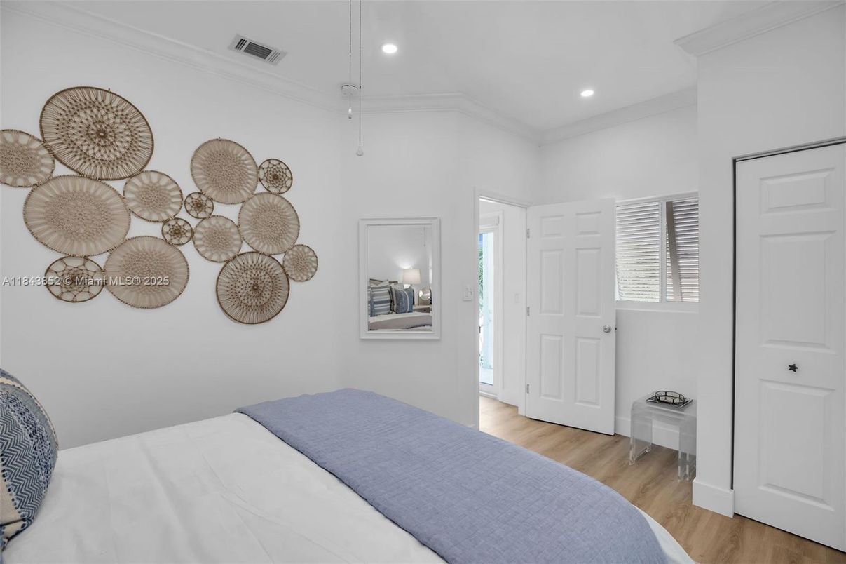 Bedroom, Interior, Recessed Lighting, Wood Texture Flooring