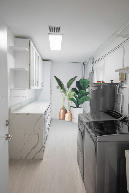 Interior, Kitchen, Marble Walls, Wood Texture Flooring
