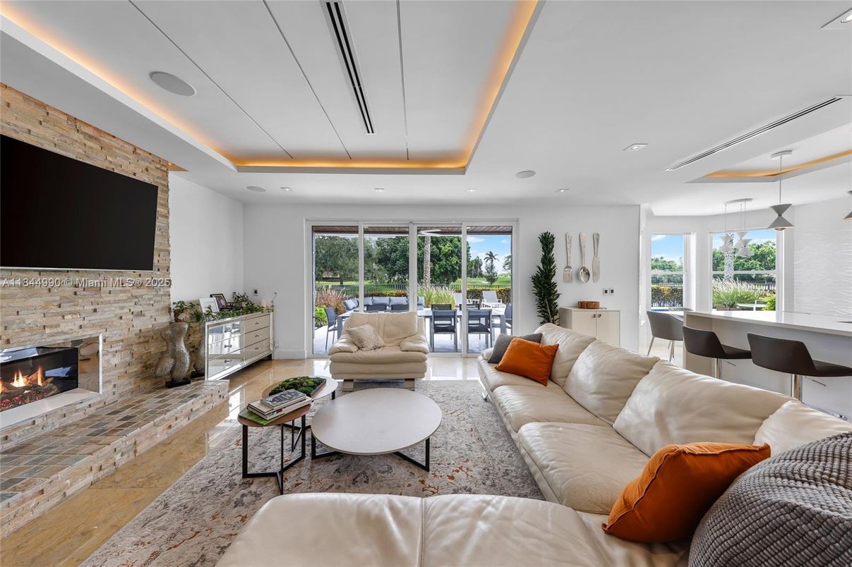 Dining room, Fireplace, Interior, Living room, Pendant Lights, Recessed Lighting, Stone Walls