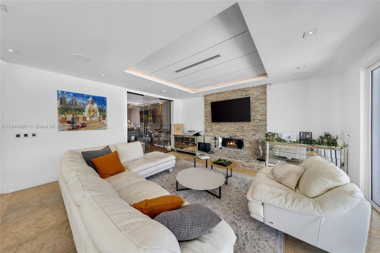 Fireplace, Interior, Living room, Recessed Lighting, Stone Walls