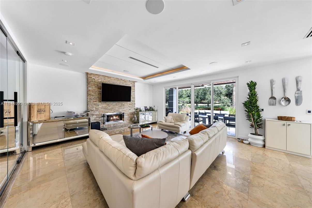 Fireplace, Interior, Living room, Recessed Lighting, Stone Walls