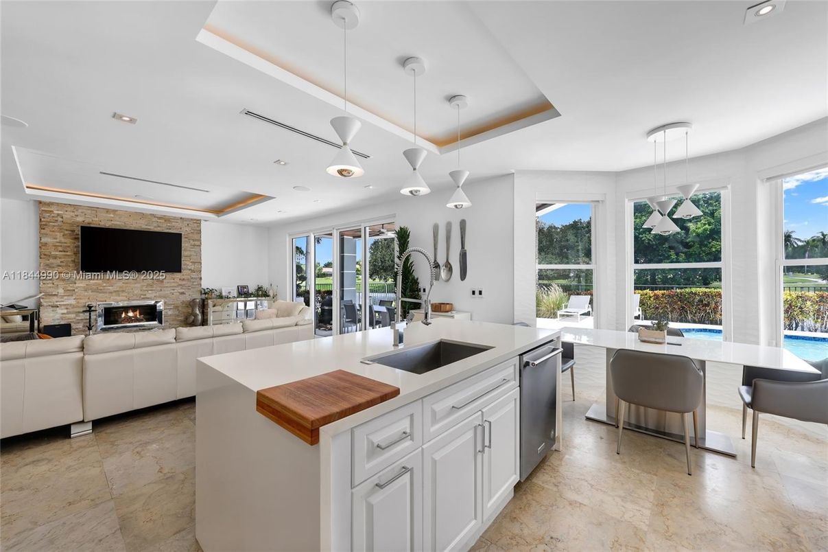 Dining room, Fireplace, Interior, Kitchen, Living room, Pendant Lights, Recessed Lighting, Stone Walls