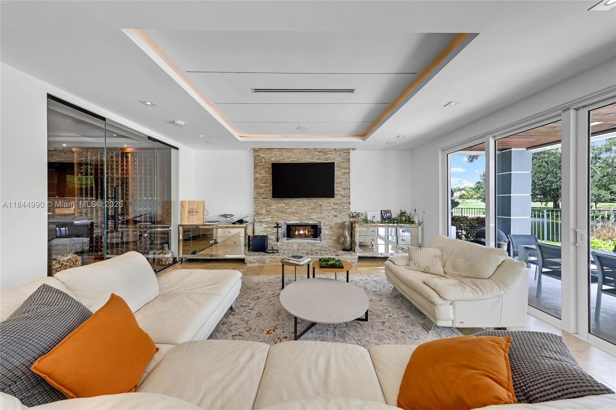 Fireplace, Interior, Living room, Recessed Lighting, Stone Walls