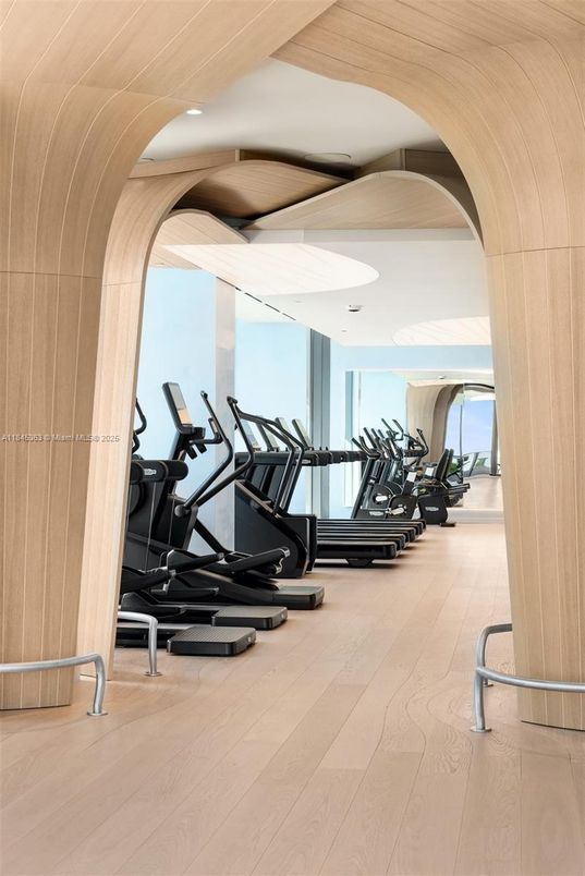 Fitness Equipment, Gym, Interior, Recessed Lighting, Wood Texture Flooring