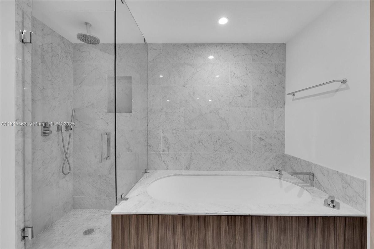 Bathroom, Glass Shower, Interior, Marble Walls, Recessed Lighting
