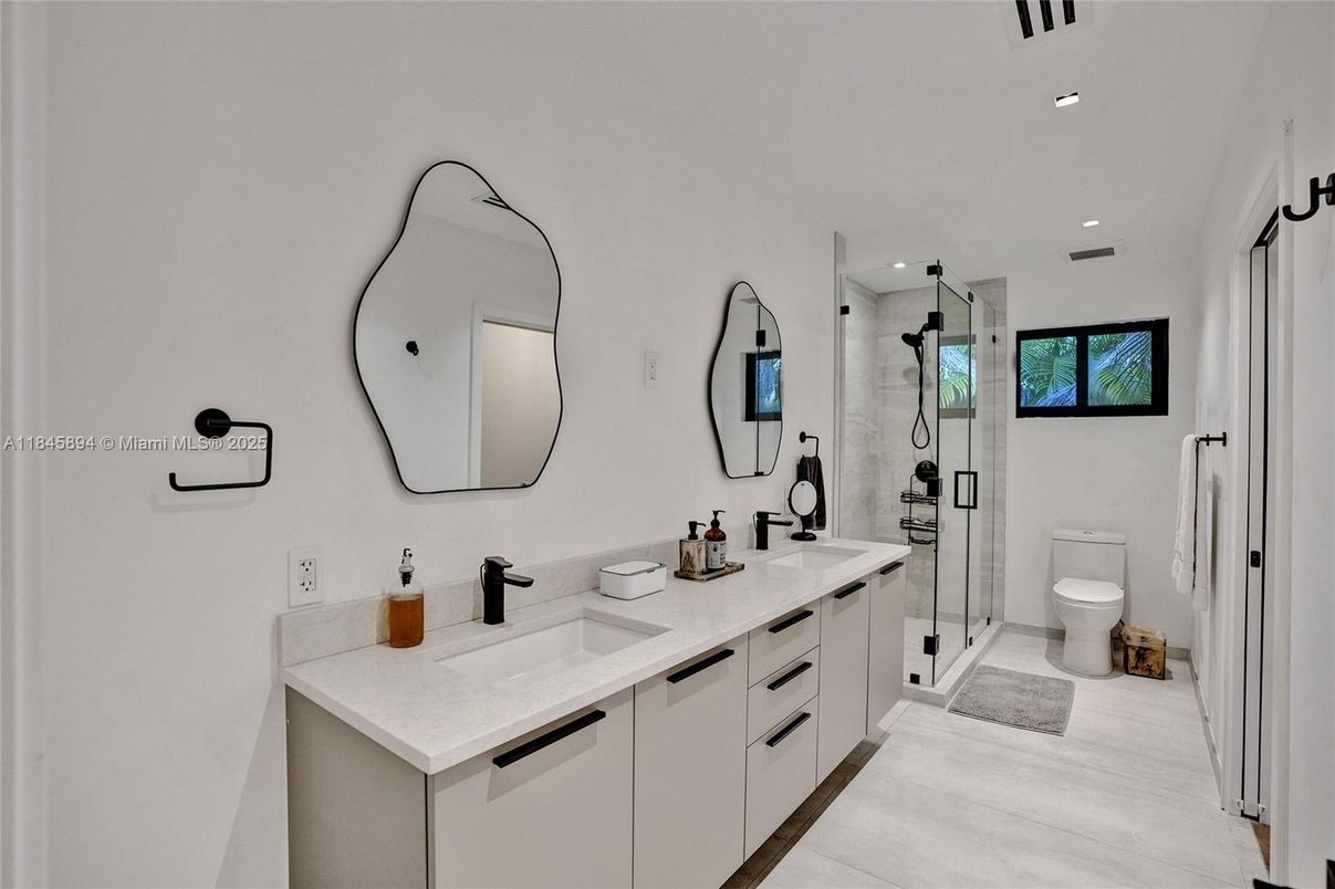 Bathroom, Dual Sink Vanities, Glass Shower, Interior, Recessed Lighting