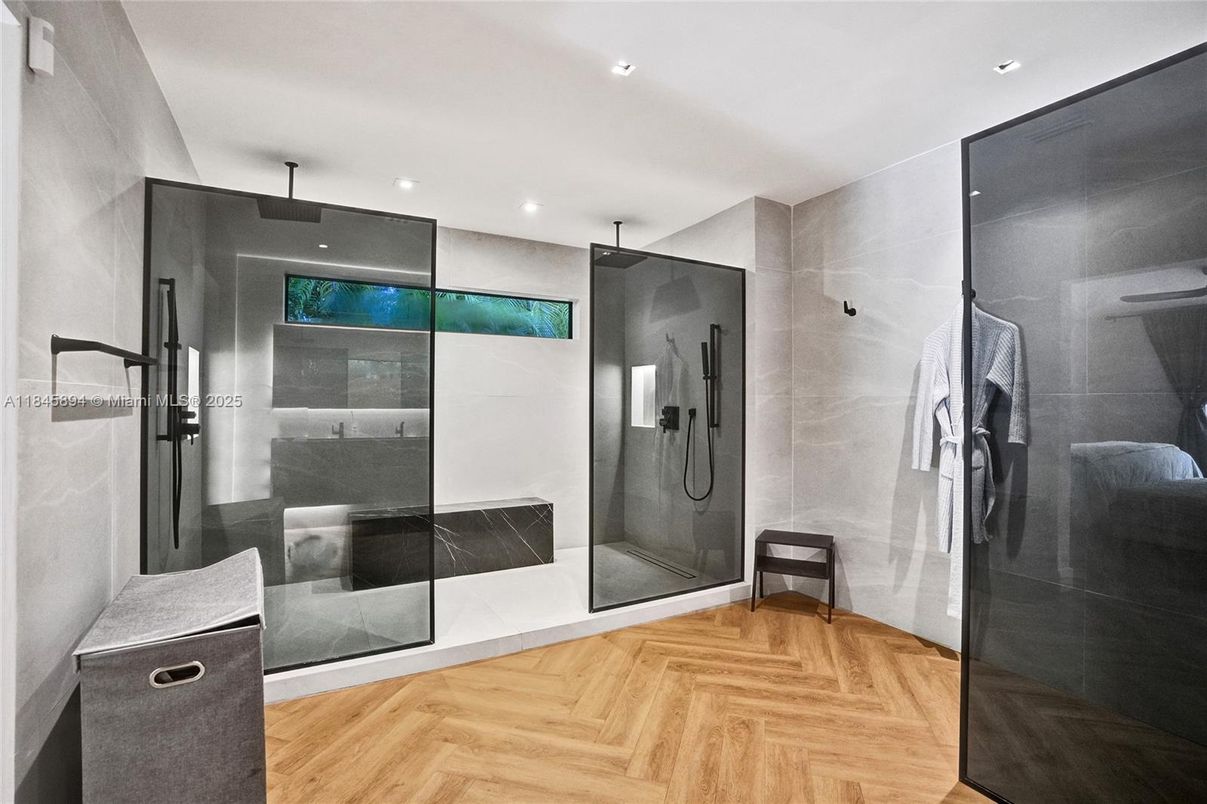 Bathroom, Glass Shower, Interior, Recessed Lighting, Wood Texture Flooring