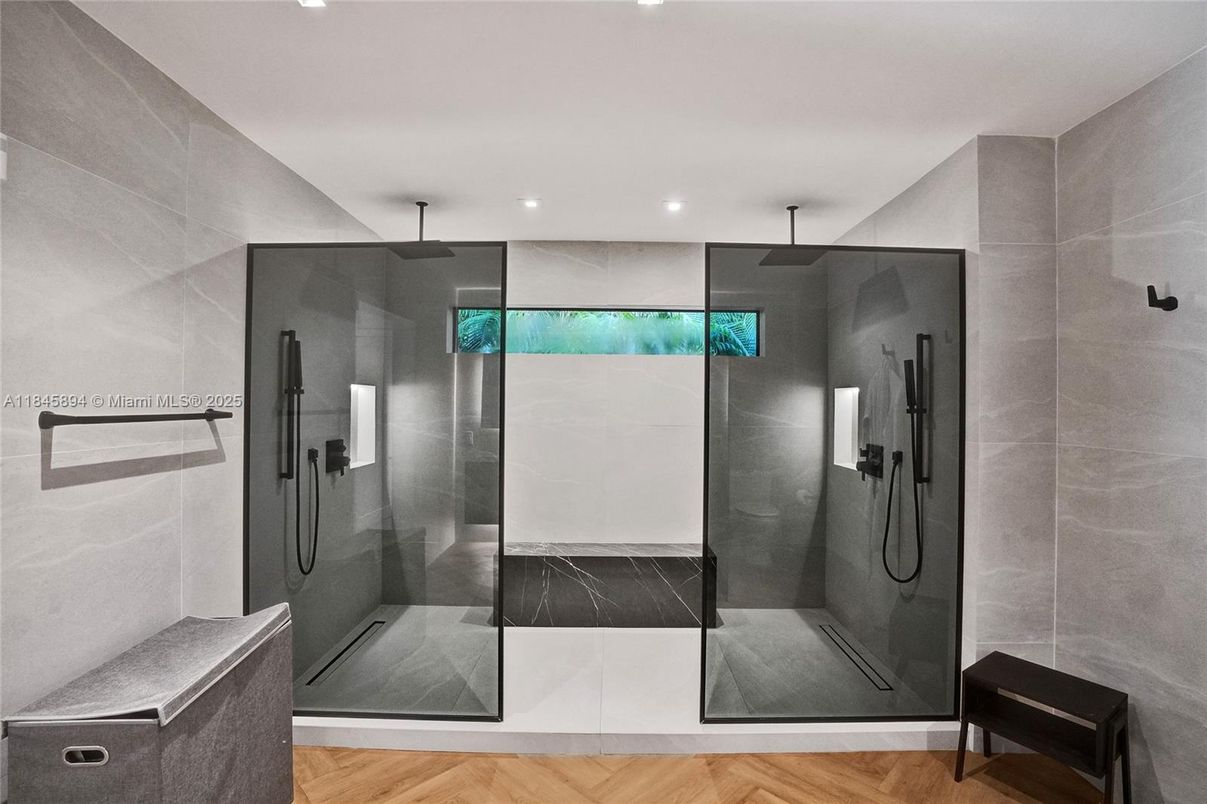 Bathroom, Glass Shower, Interior, Recessed Lighting, Wood Texture Flooring