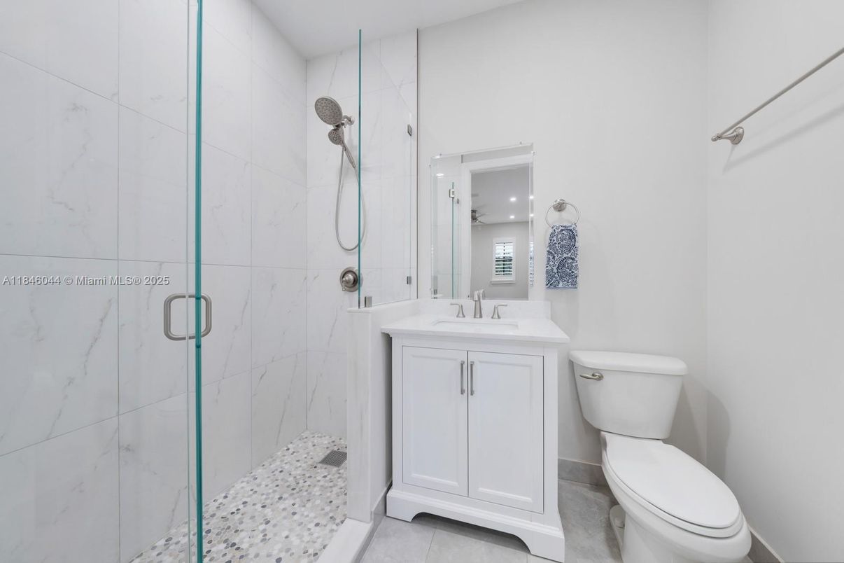 Bathroom, Glass Shower, Interior, Marble Walls, Recessed Lighting
