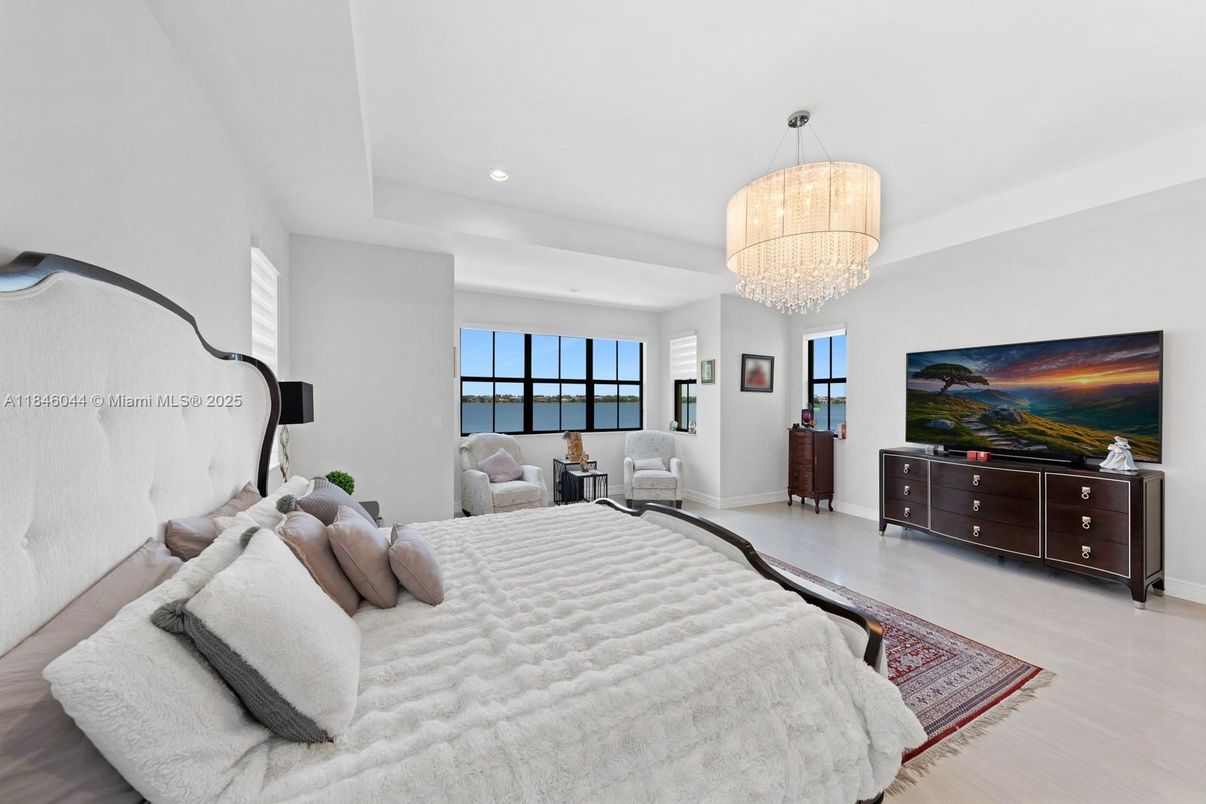 Bedroom, Chandelier, Interior, Recessed Lighting, Wood Texture Flooring