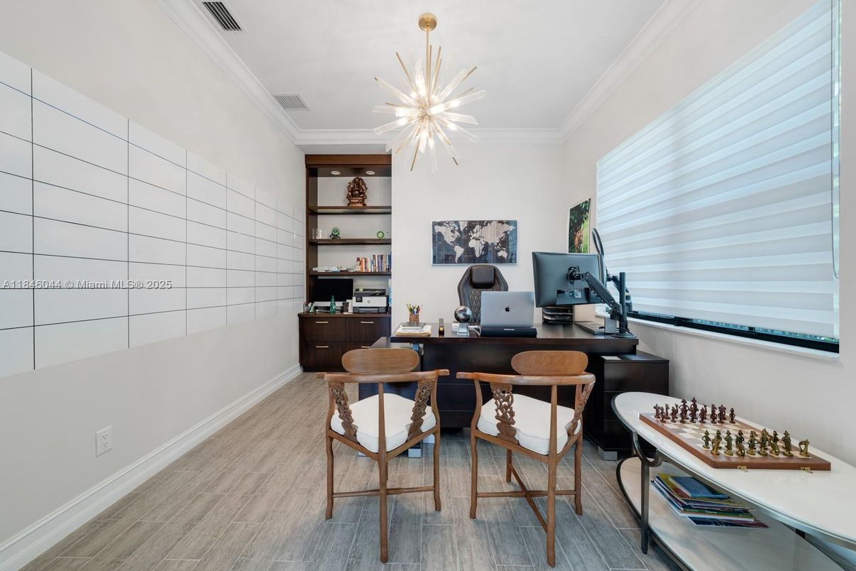 Home Office, Interior, Pendant Lights, Wood Texture Flooring