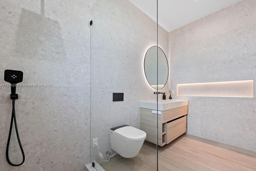 Bathroom, Glass Shower, Interior, Recessed Lighting, Wood Texture Flooring