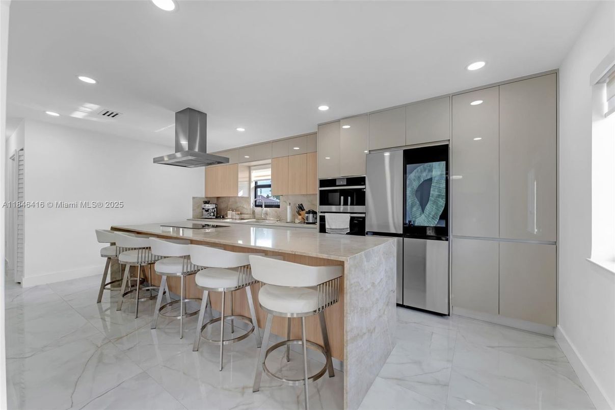 Interior, Kitchen, Marble, Recessed Lighting, Stainless Steel Appliances