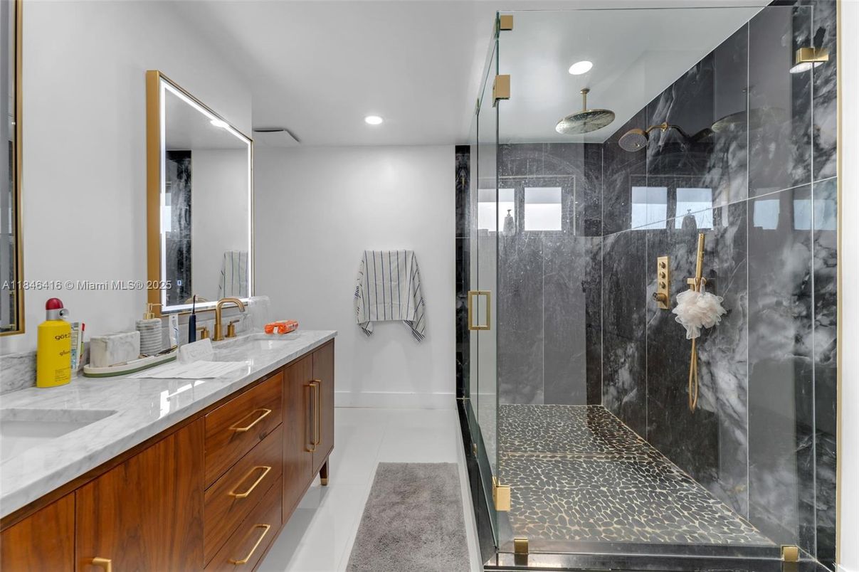 Bathroom, Glass Shower, Interior, Marble Walls, Recessed Lighting