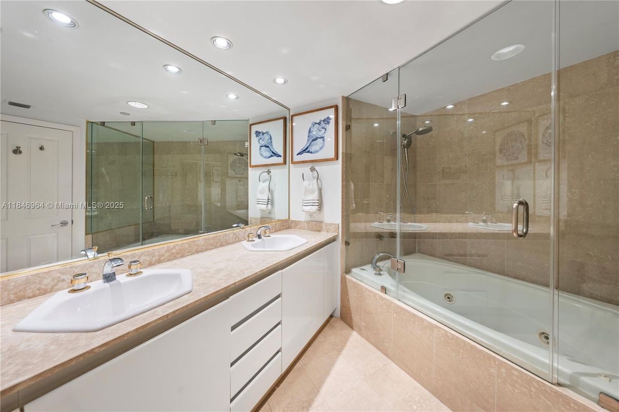Bathroom, Dual Sink Vanities, Glass Shower, Interior, Recessed Lighting