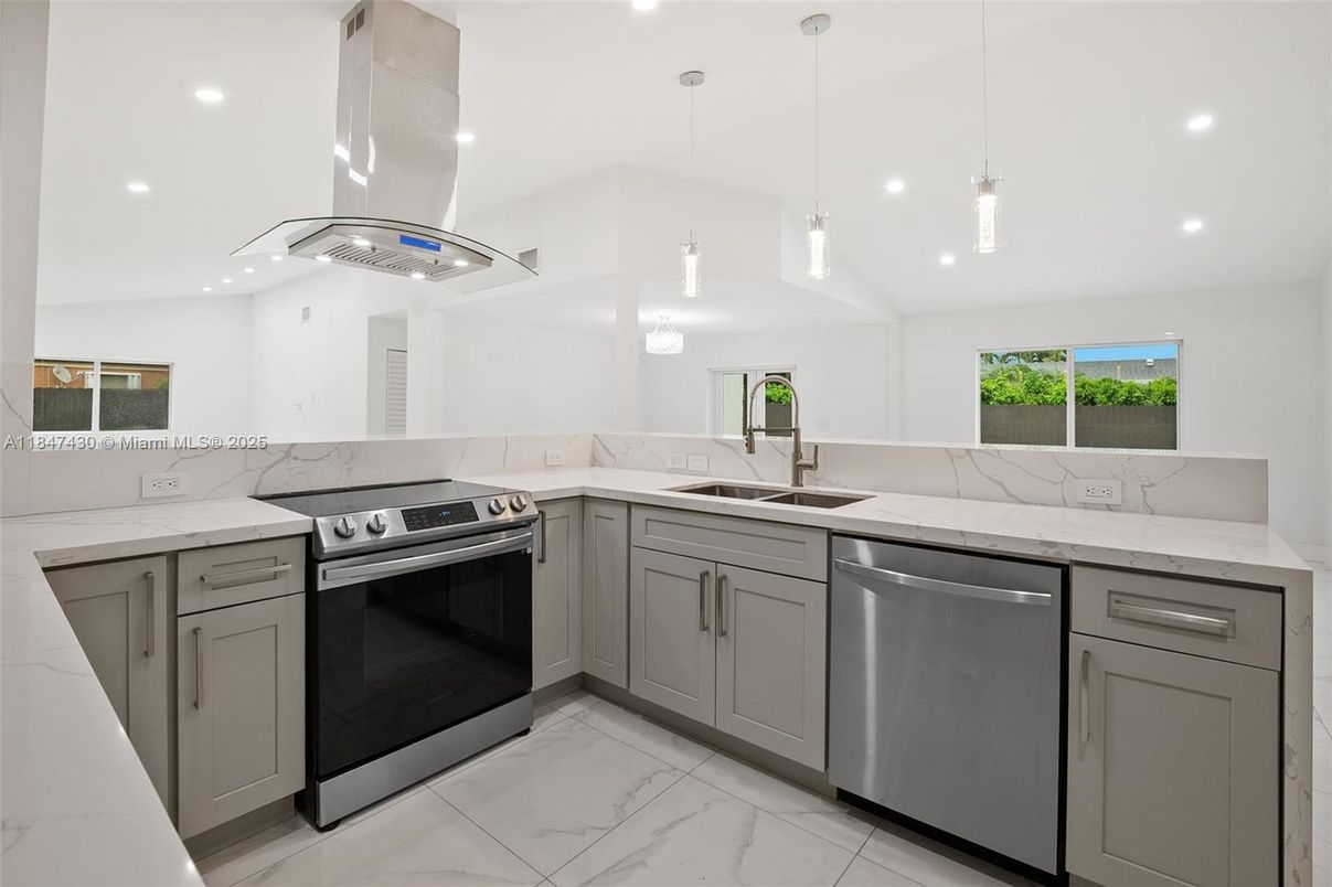 Interior, Kitchen, Marble, Pendant Lights, Recessed Lighting, Stainless Steel Appliances