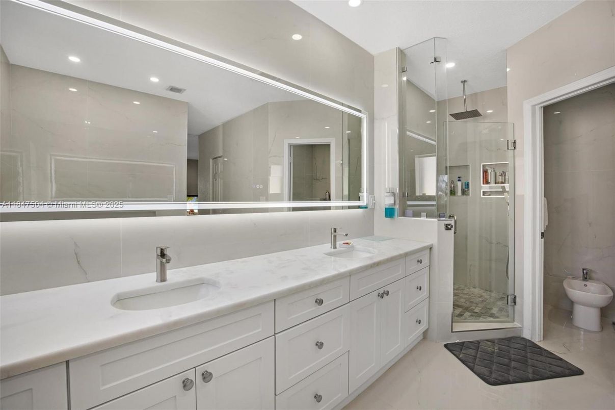 Bathroom, Dual Sink Vanities, Glass Shower, Interior, Recessed Lighting