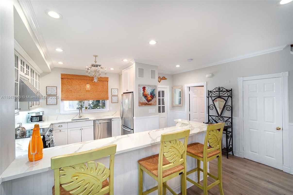 Chandelier, Interior, Kitchen, Recessed Lighting, Stainless Steel Appliances, Wood Texture Flooring