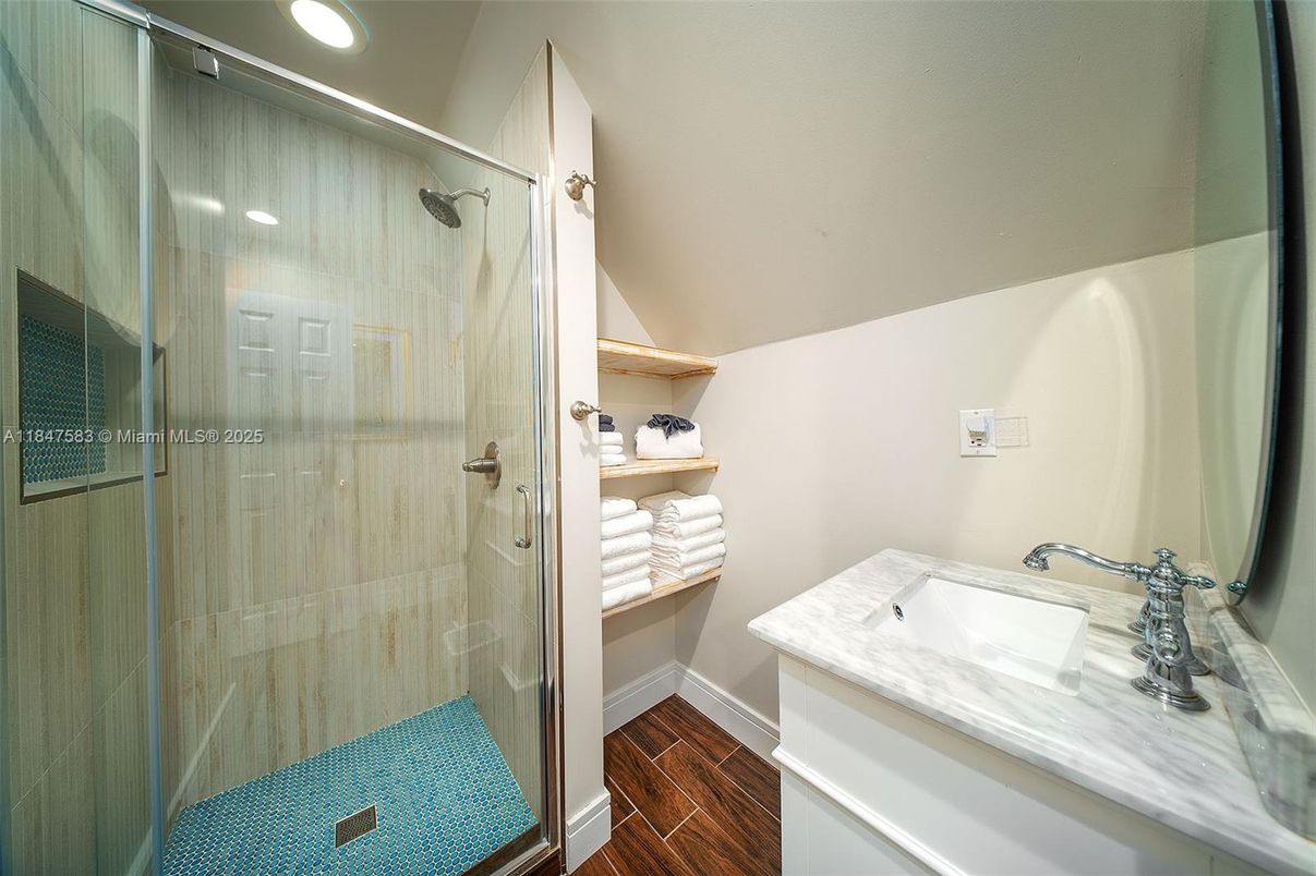 Bathroom, Glass Shower, Interior, Recessed Lighting, Wood Texture Flooring