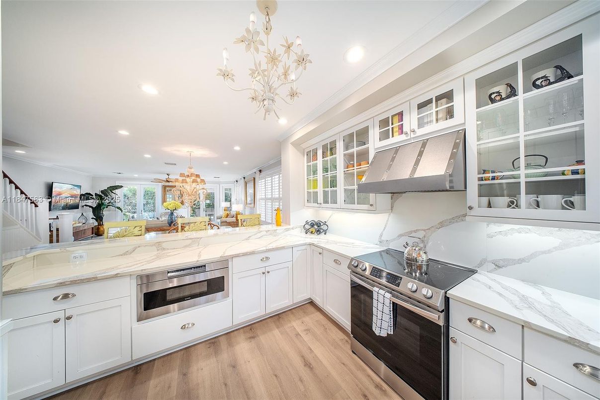 Chandelier, Interior, Kitchen, Recessed Lighting, Stainless Steel Appliances, Wood Texture Flooring