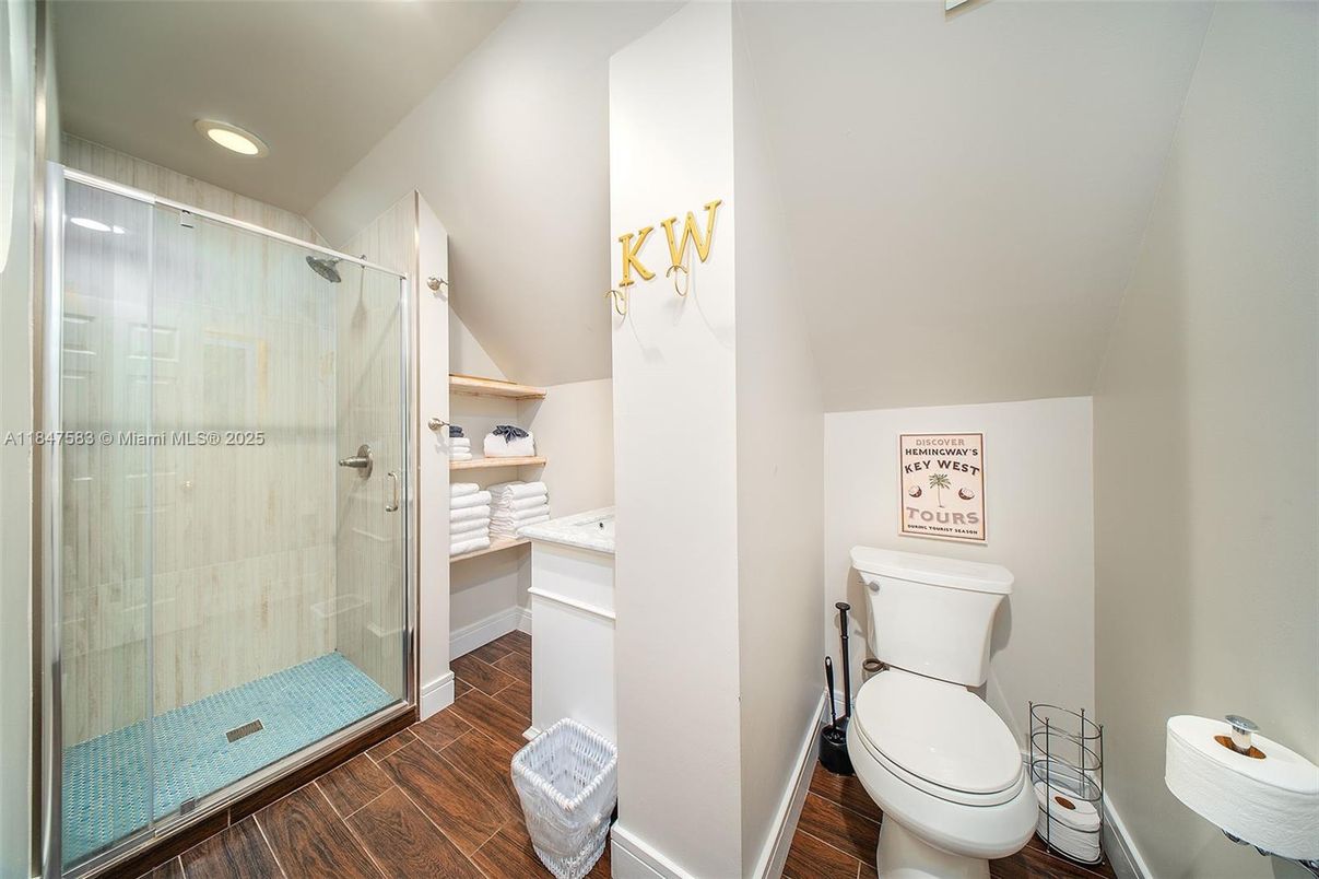 Bathroom, Glass Shower, Interior, Recessed Lighting, Wood Texture Flooring