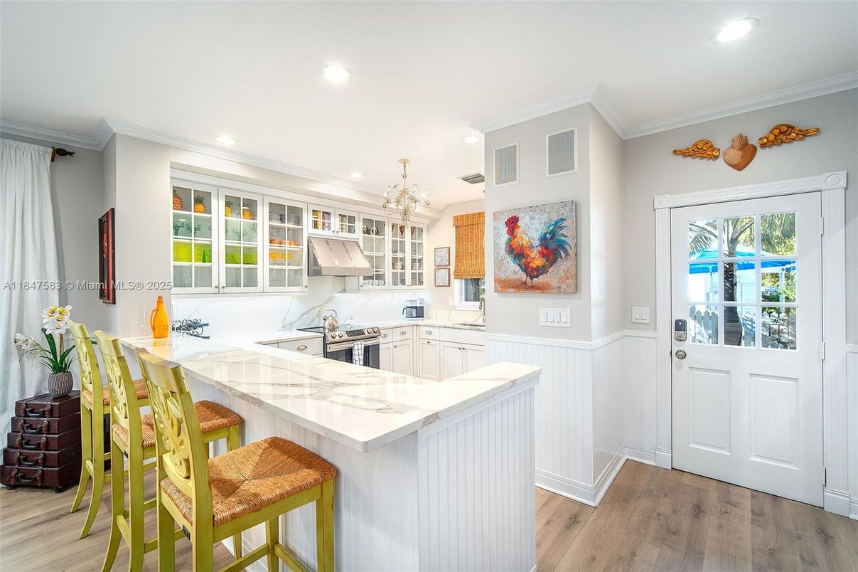 Chandelier, Interior, Kitchen, Recessed Lighting, Wood Texture Flooring