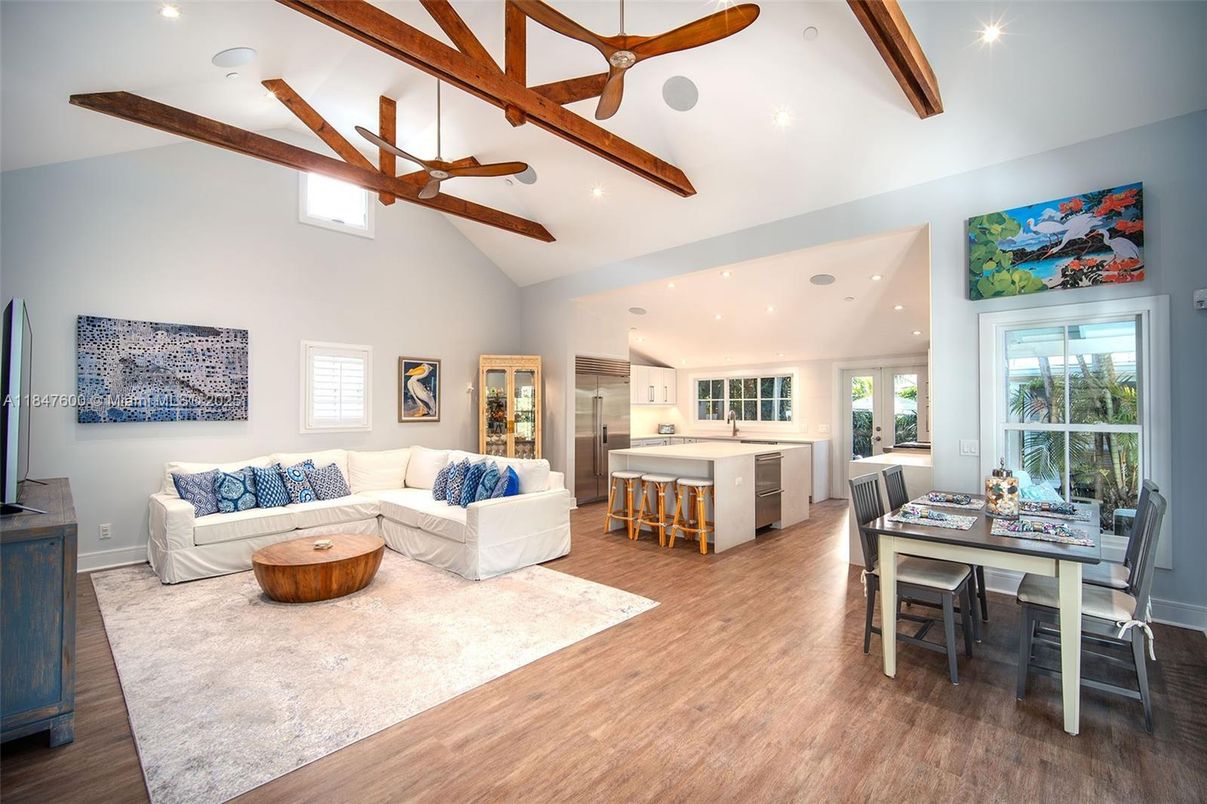 Dining room, Interior, Kitchen, Living room, Recessed Lighting, Wooden Beams, Wood Texture Flooring