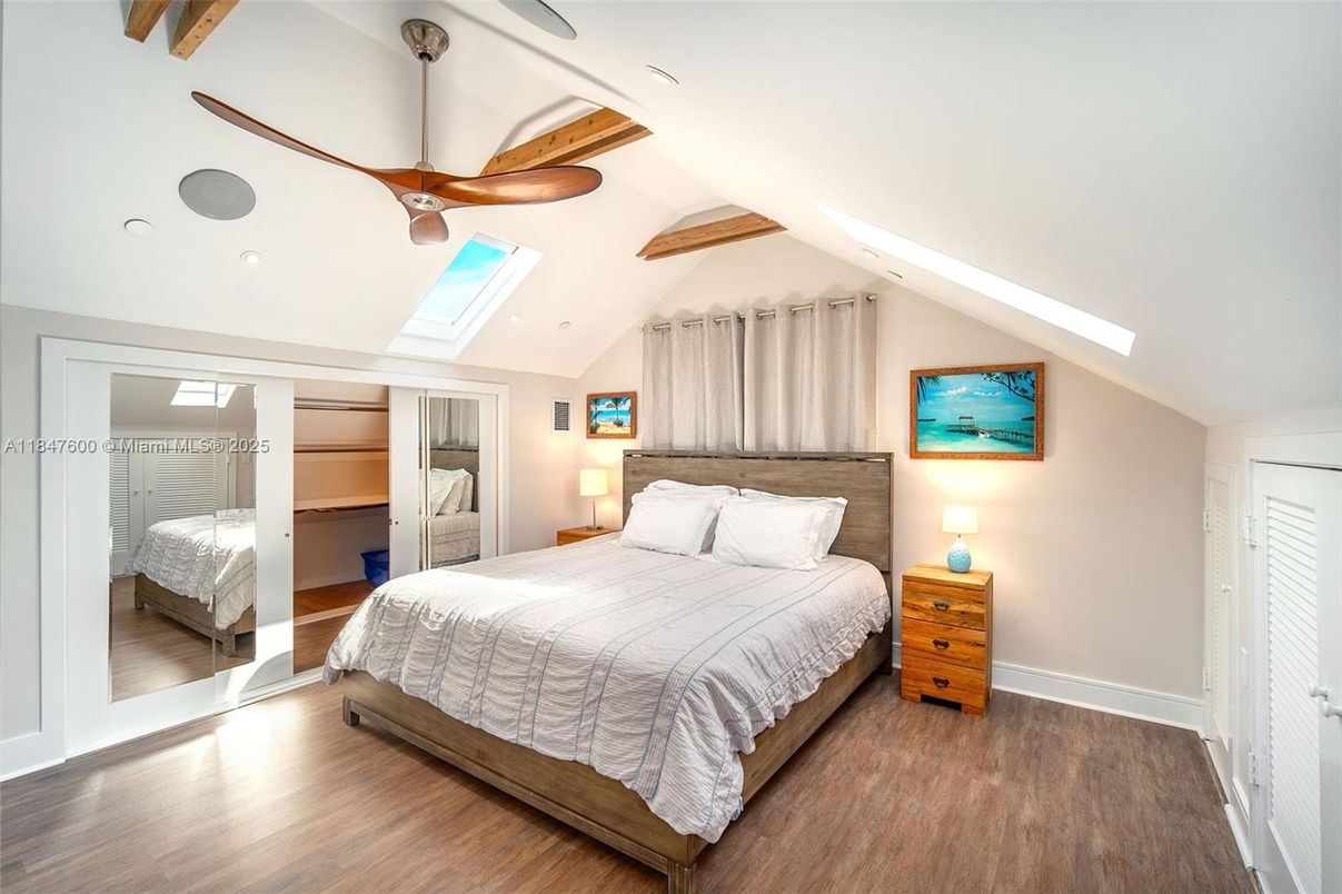 Bedroom, Interior, Recessed Lighting, Wooden Beams, Wood Texture Flooring